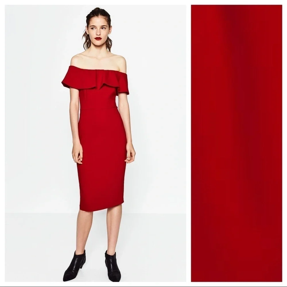 NWT. Zara Red Off-the-shoulder Midi Dress Size XS.